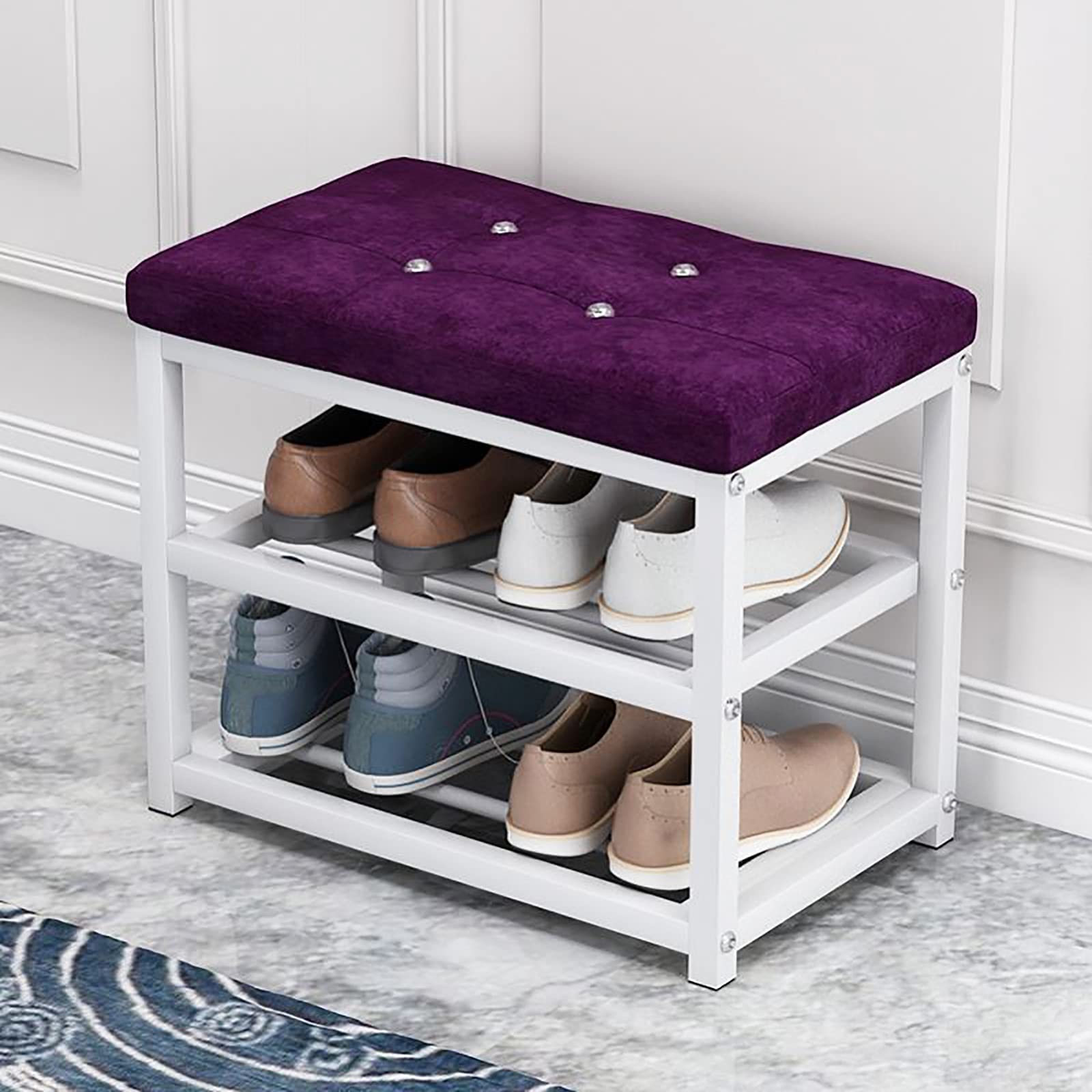 GDMDPTE Entryway Shoe Rack Bench with Cushion Seat - Velvet Shoe Storage nizer with Metal Shelf, Stylish Hallway Shoe Changing Stool, 50x45x30cm (20x18x12inch)
