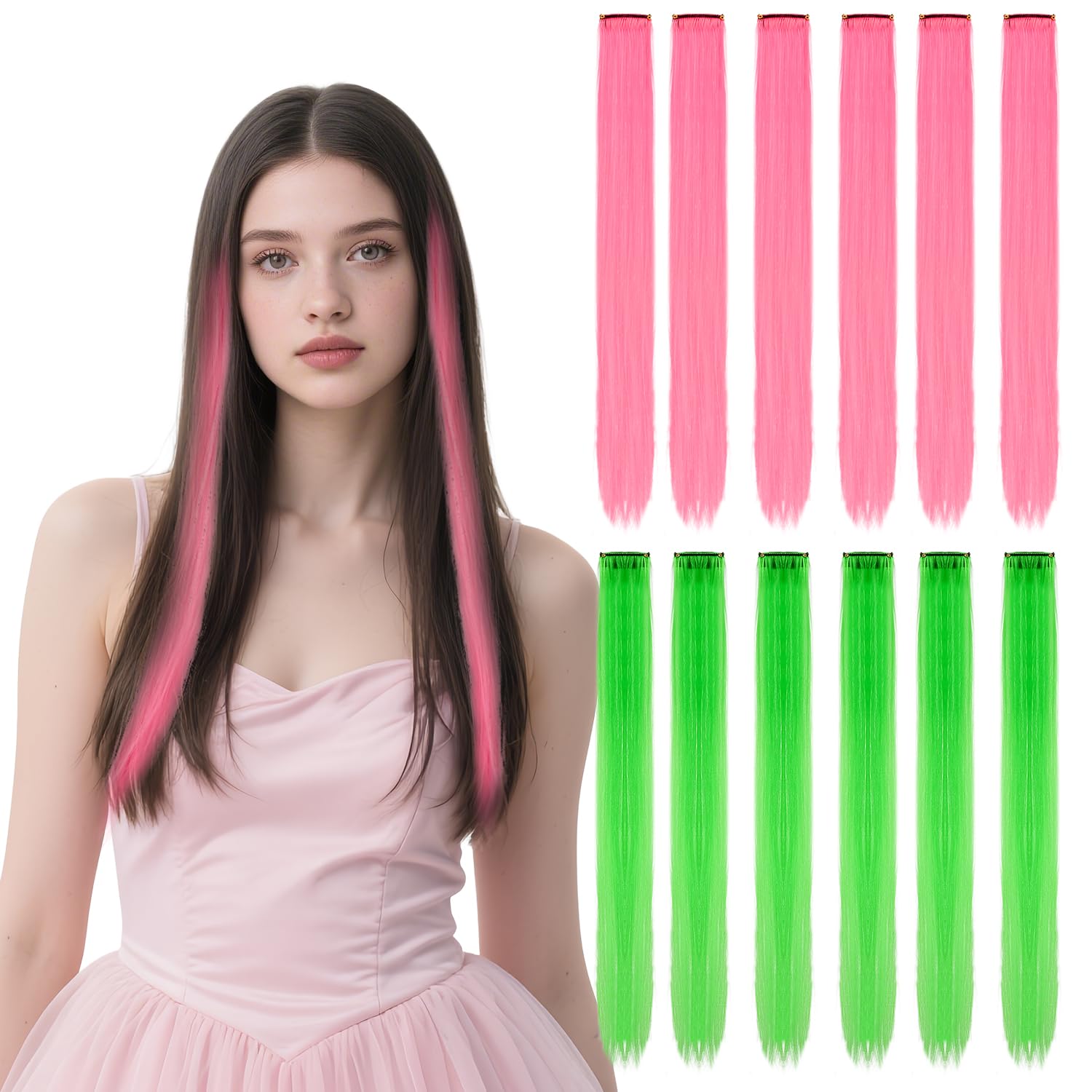 Photo 1 of 12 Pcs Pink and Green Clip in Hair Extensions 22Inch Hair Extension for Women Highlights Synthetic Hairpiece for Witch Party Favors, Birthday Decorations and Halloween Costume