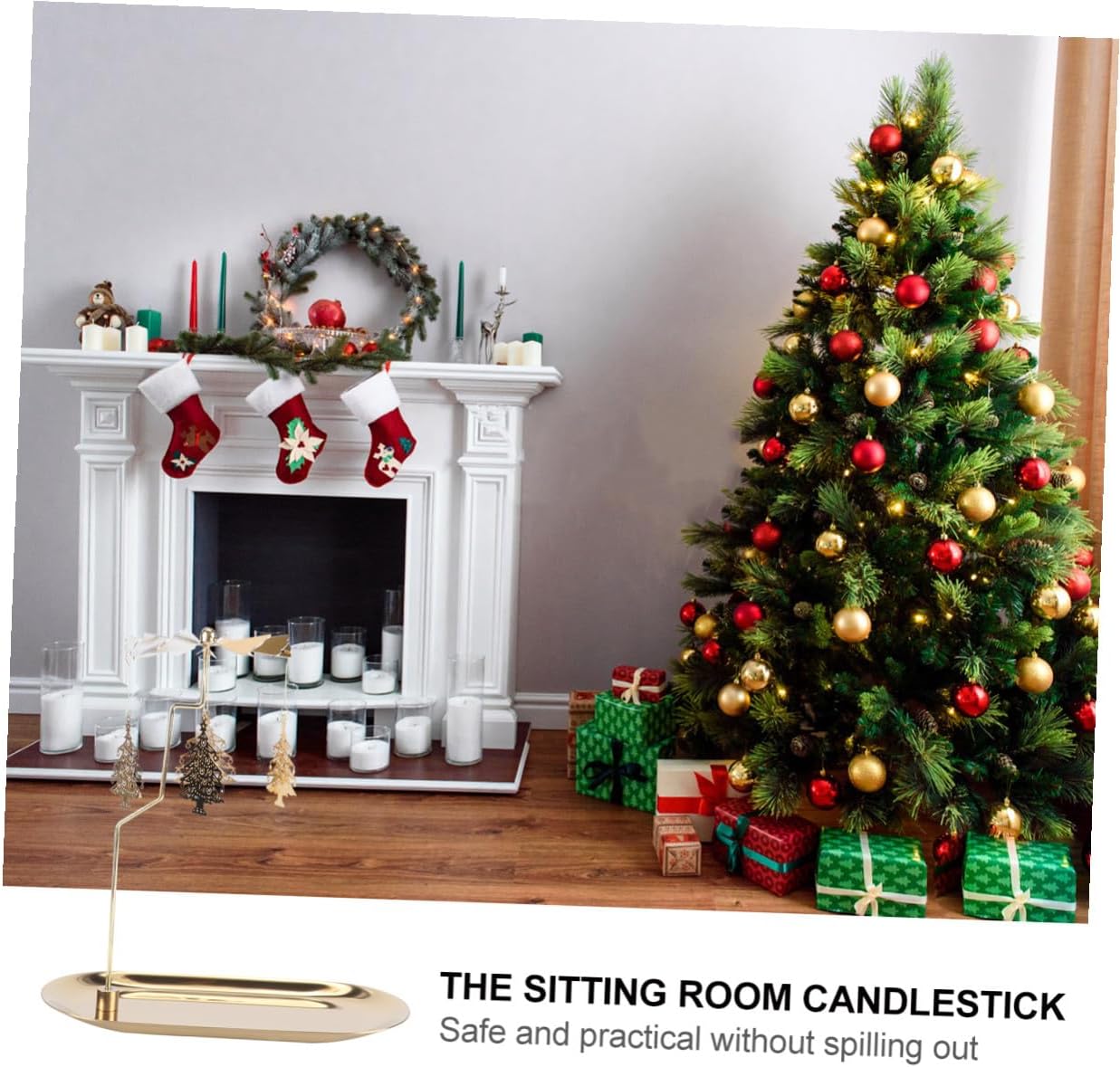 Healifty Rotating Metal Candle Holder with Christmas Tree Design and Small Golden Tray, Christmas Desktop Candle Stand for Festive Table Centerpiece Decoration
