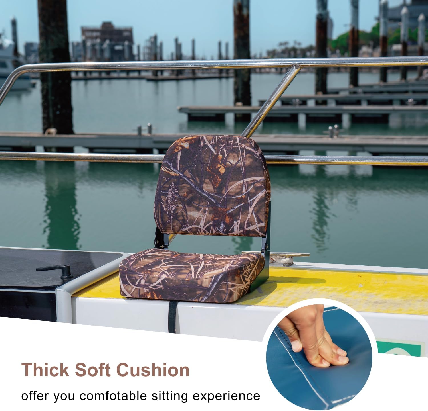 TENYUDT Folding Low Back Boat Seats - Fold-Down Camo Fishing Chairs with Thick Marine-Grade Foam Padding & Aluminum Hinges, Waterproof Captain Seats for Marine Vehicles (220lbs Capacity)