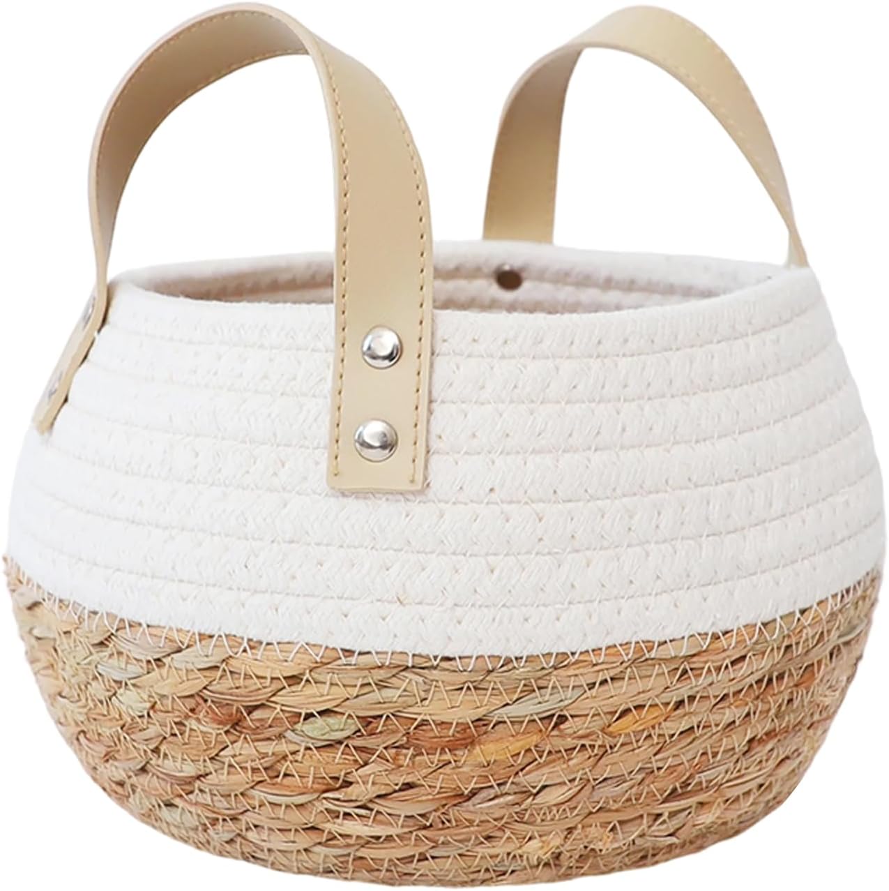 Natural Binaural Splicing Cotton Cord Storage Basket, Suitable For Interior Decoration and Desktop Organization. (Natural + White)