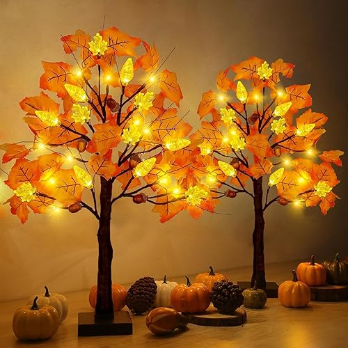 Paquete de 2 decoraciones de árbol de arce de otoño preiluminadas de 24 pulgadas con 48 luces LED, temporizador de otoño, funciona con pilas,