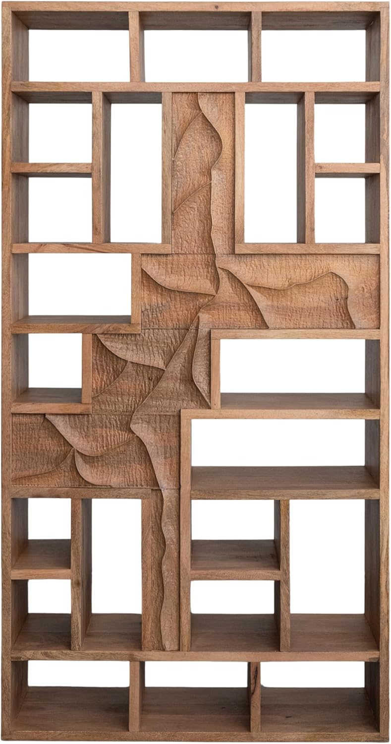 Creative Co-Op Carved Mango Wood Shelf with 22 Compartments, Natural Finish