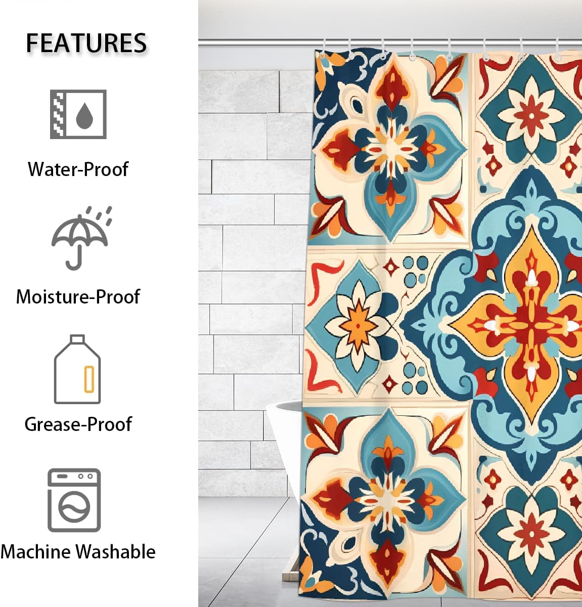 Bohemian Ethnic Flower Waterproof Fabric Shower Curtain with Grommets and Hooks, Fast-Drying Privacy-Protecting Decorative Bathroom Curtain 72 x 72 in