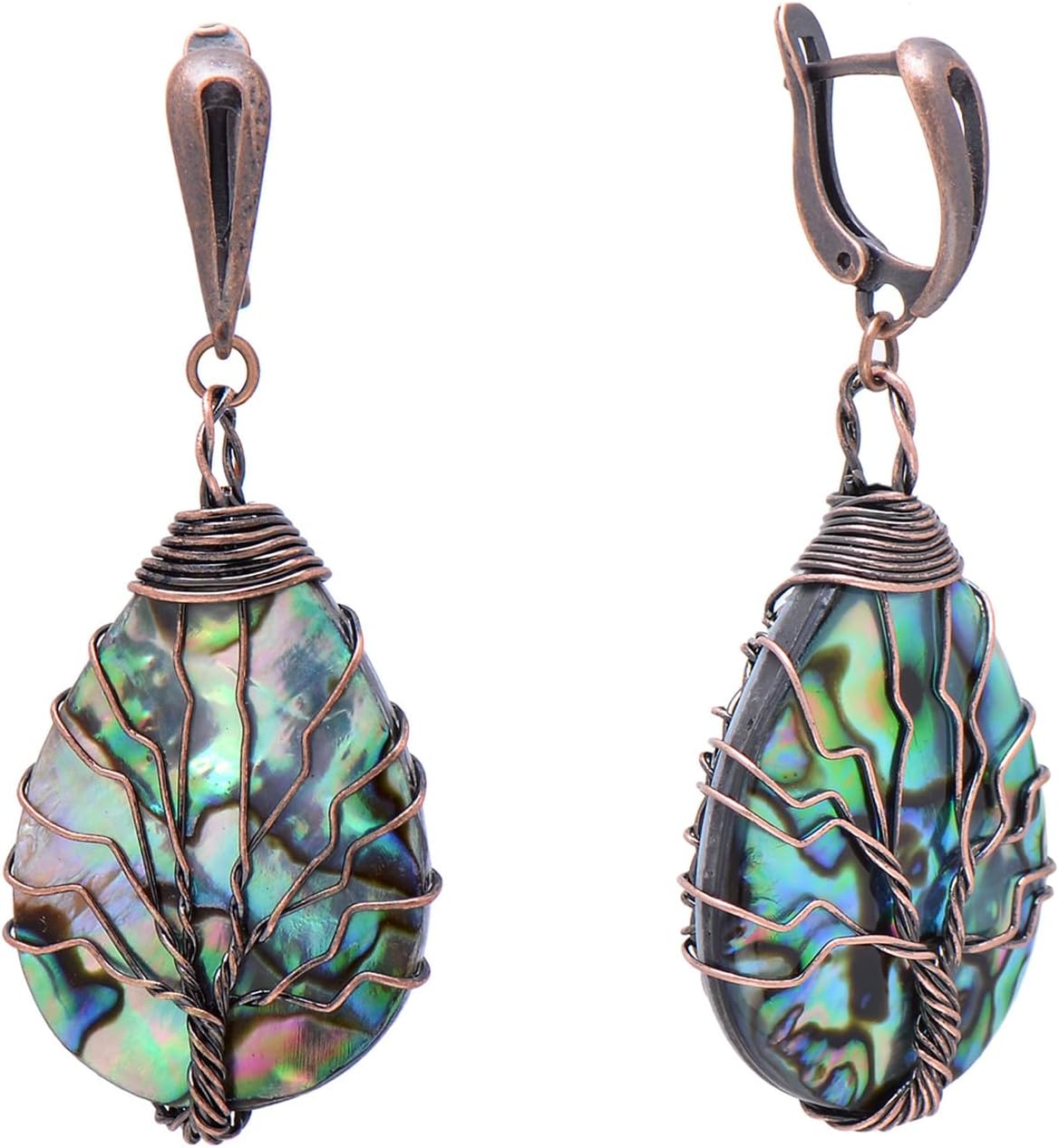 Bronze Copper Wired Sea Abalone Shell Tree of Life Earrings for Women, Vintage Latch Backs