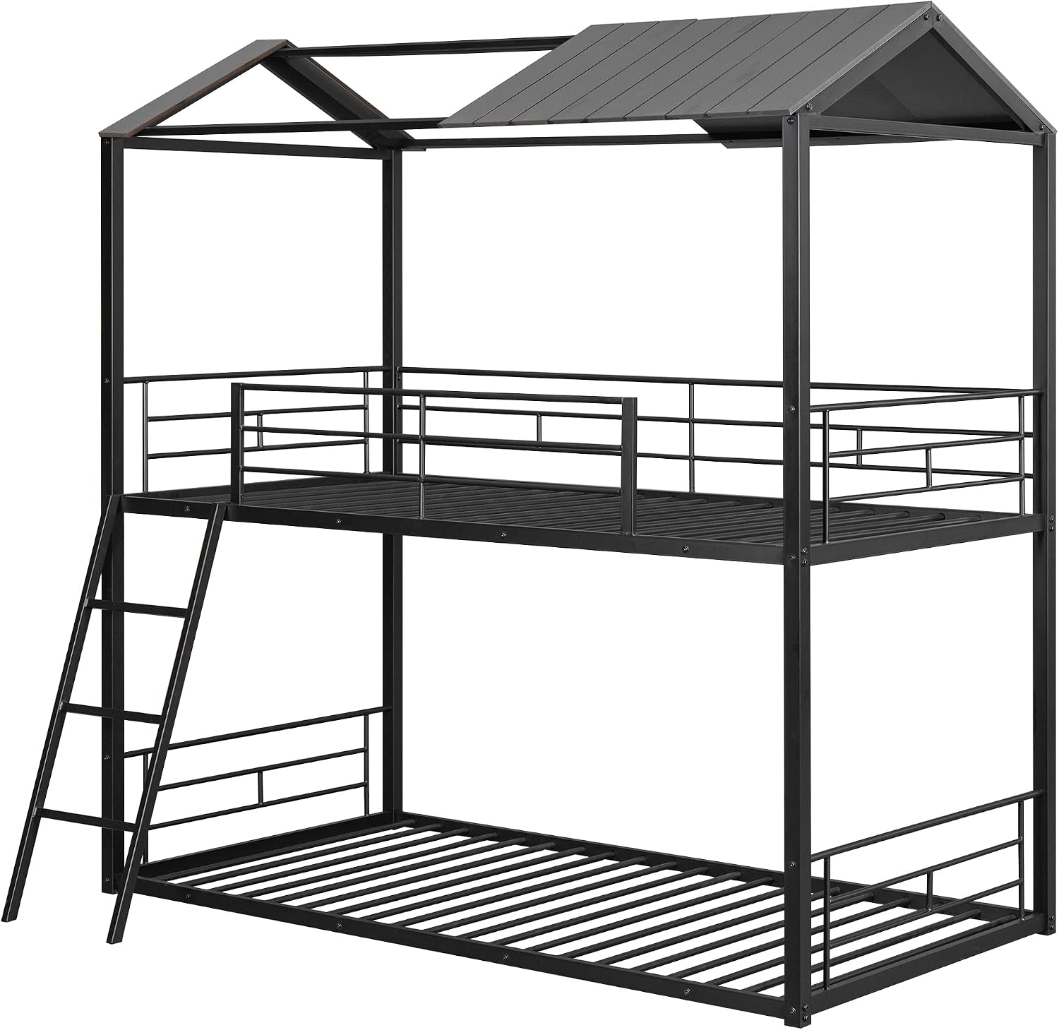House Bunk Bed Twin Over Twin Metal Bunk Beds Frame Playhouse Design Twin Size Floor Bunked Frame with Ladder and Guardrail, Black