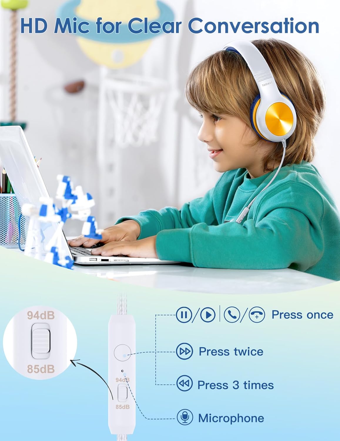 Nabevi Kids Headphones with MIC, Over-Ear Headphones for Kids with Cord, HD Sound, Safe Volume Limit, Sharing Function, Kid Headset for Boys Girls, Toddler Headphone for School, Tablet, White Orange