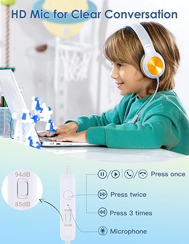 Miniatura 28 de Auriculares para niños con cable, auriculares sobre la oreja para niños con micrófono, límite de volumen de 85/94 dB, auriculares para niños y niñas
