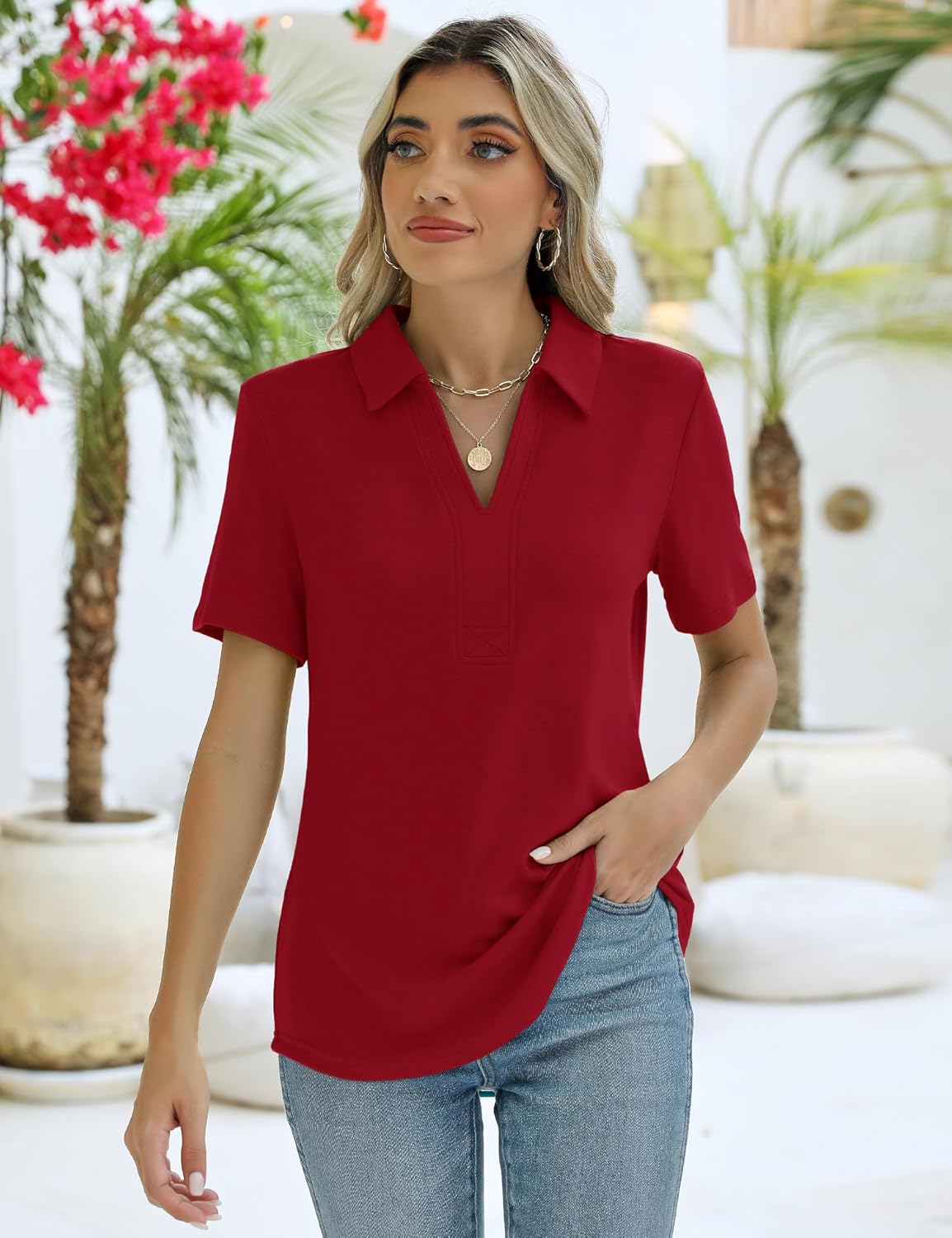 ZHENWEI Women's Short Sleeve V-Neck Polo Shirts Business Casual Work Collared Tops Dressy Johnny Collar Cute Blouses - Image 3