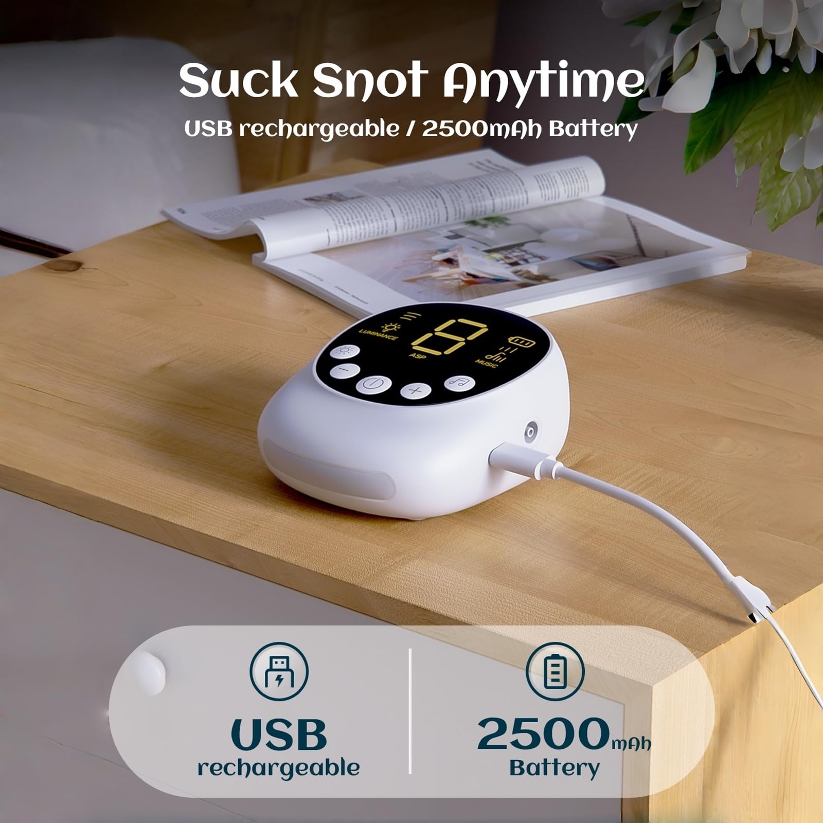 X-Bosak Aspiratore nasale elettrico per bambini, per rimuovere muco ospedaliero con 9 livelli di aspirazione, ricaricabile USB-C, luce notturna e filastrocche, punte in silicone senza BPA