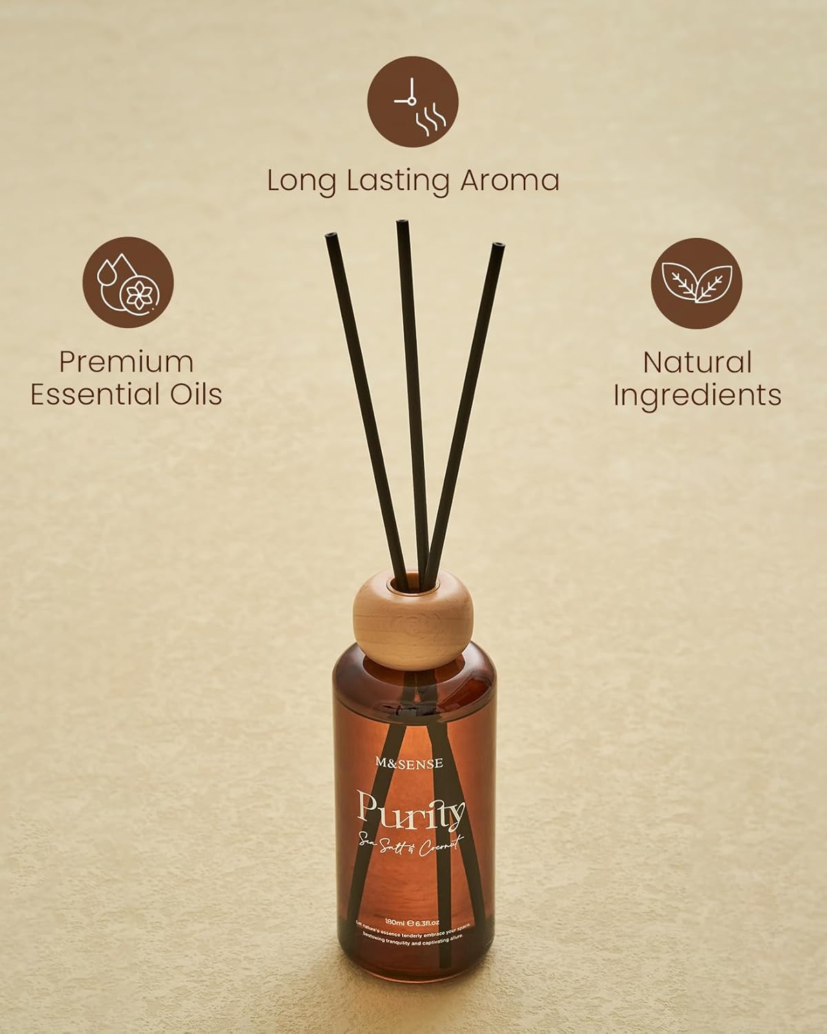 M&SENSE Seasalt Coconut Reed Diffuser: 6.3 fl oz Non-Toxic Aroma Set with Sticks, Light & Subtle Fragrance, Long-Lasting Natural Essential Oil Gifts for Bedroom, Shelf Decor & Small Spaces - Image 5