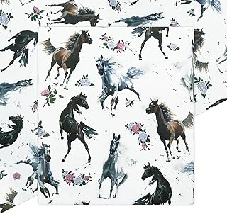 Horse Wrapping Paper for Girls Boys, Galloping Horses and Floral Print on the White Art Paper for Horse Racing Theme Party Birthday Wedding Gift Packing, Folded Flat Cowboy & Cowgirl Gift Wrap Papers