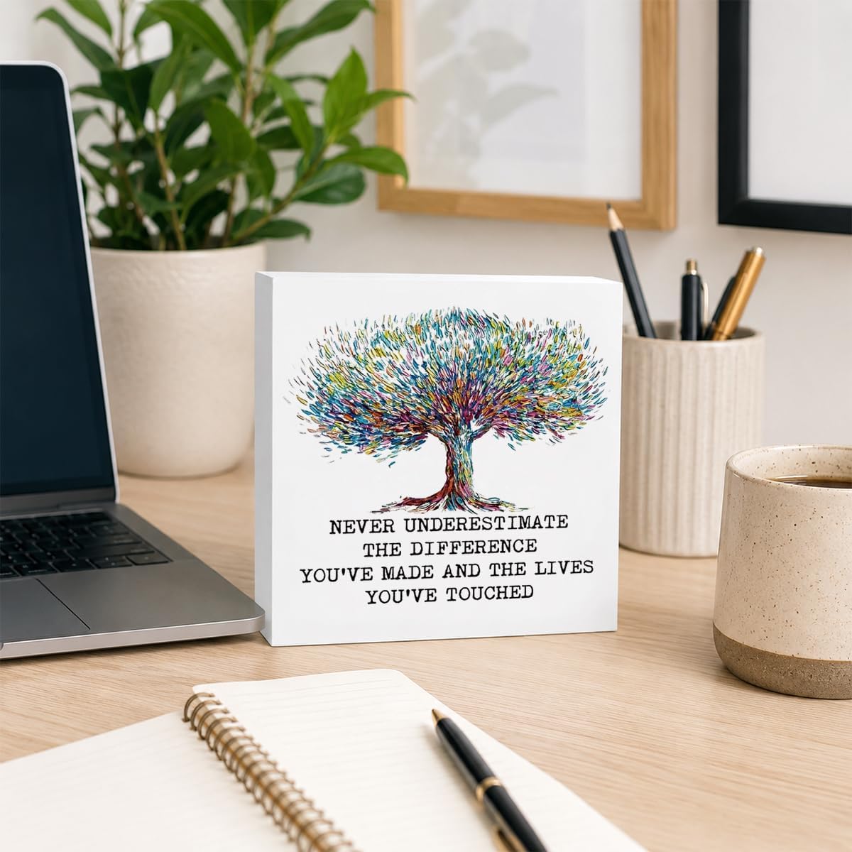 Farmhouse Decor, Never Underestimate The Difference You've Made Colorful Tree Wood Sign, Inspirational Office Shelf Decor, Housewarming Gift Holiday Gift, 5.9 x 5.9 in image 2