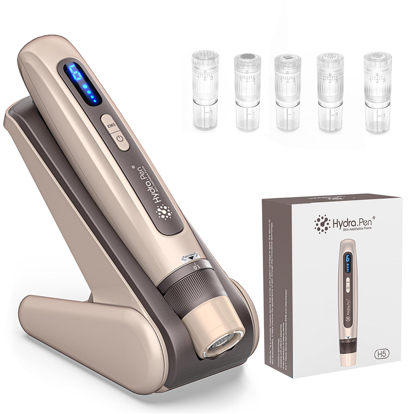 Hydra. Pen H5 Dermapen Microneedling Pen, EMS Mikrostrom Automatische Auftragung von Serum Microneedling 3 in 1 Beauty Tool für Hautpflege und Haarwachstum mit 5 Arten Patronen, Geschenke Frauen(Gold)