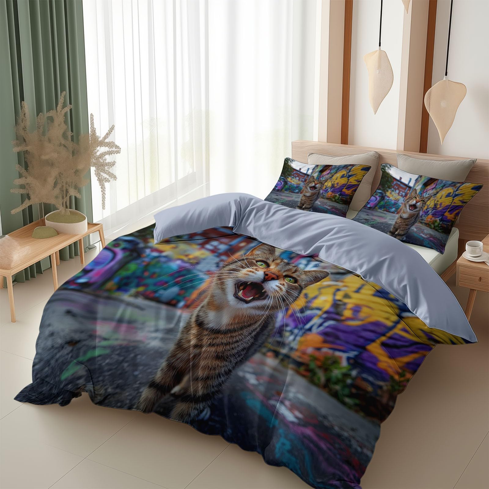 Housse de couette 200x200 chat graffiti gris en microfibre avec 2 taies d'oreiller