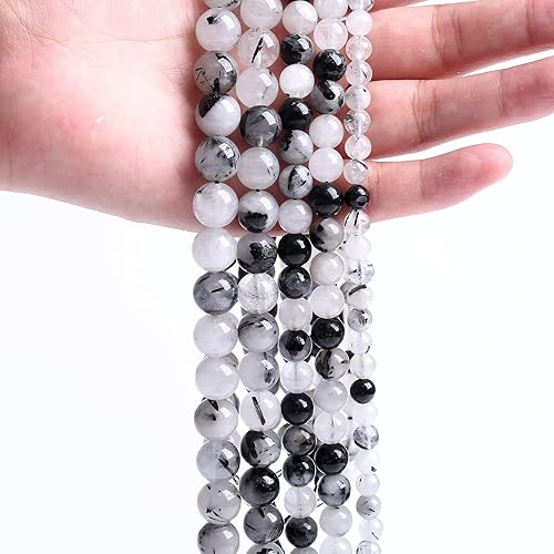 Vista 3 de Cuentas rutiladas de cuarzo negro natural AAA para hacer joyas, bricolaje, pulsera, 45 unidades de 0.315 pulgadas (0.315 in), piedra de energía