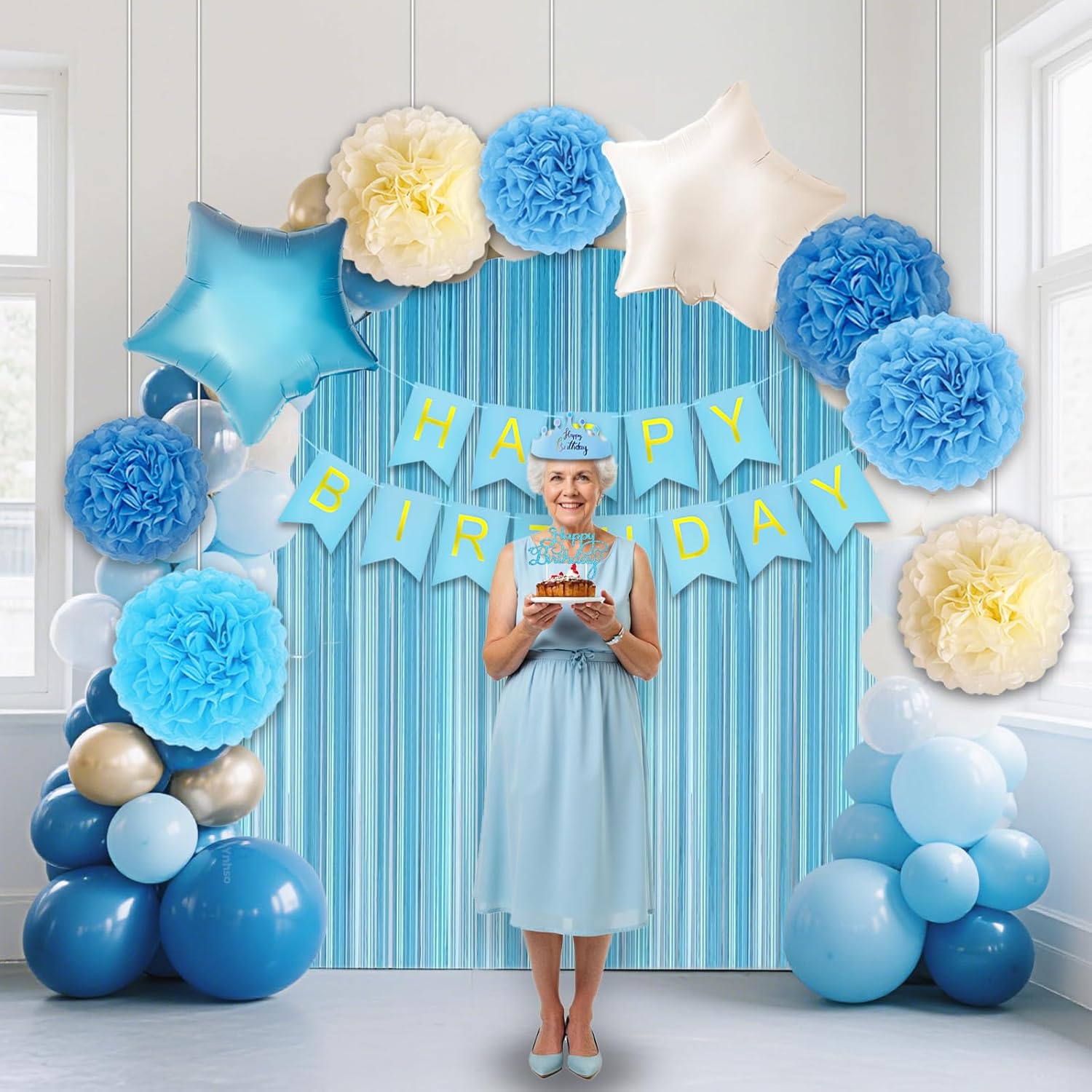 70PCS Blue Birthday Decorations, Birthday Decor Blue, Light Blue Birthday Decorations for Women Men Boys Girls Baby, Balloons, Banner, Pom Poms, Fringe Curtain, Crown, Sash, Tablecloth, Topper, Guide - Image 7