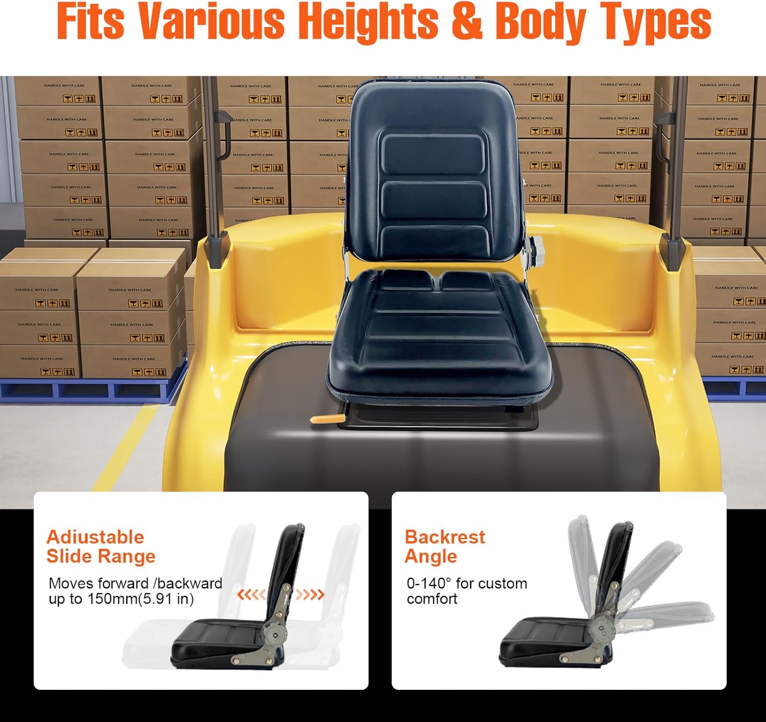 PVC Forklift Seat Suspension Tractor Seat with 140° Adjustable Back Angle | Black | Fits Excavator Forklift, Tractor, Skid Loader, Backhoe Dozer Telehandler, Heavy Mechanical Seat