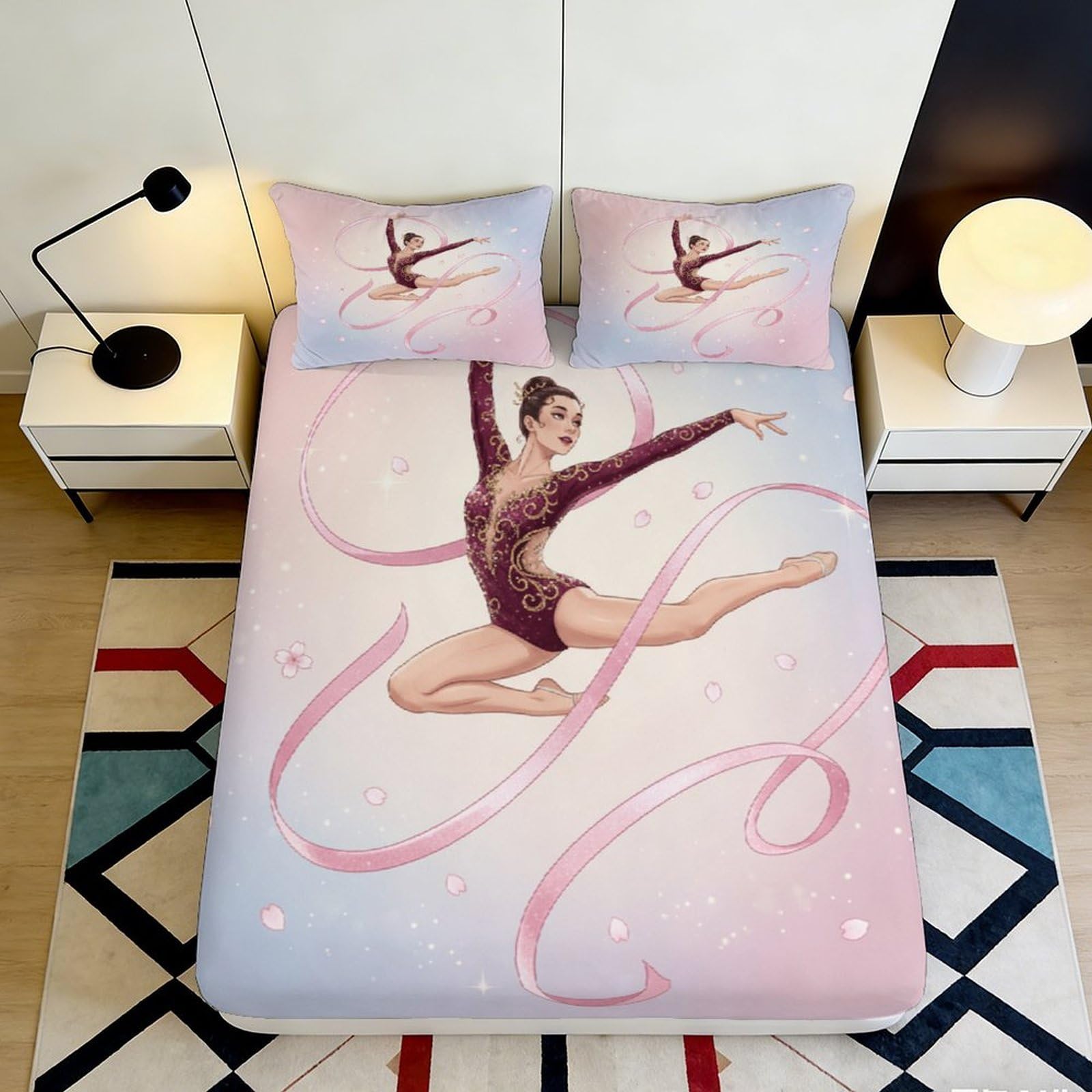 3D Printed Rhythmic Gymnastics Fitted Sheet Microfiber Pink Artistic Ribbon Mattress Cover for Bedroom Guest Room Decor 90x200x25cm