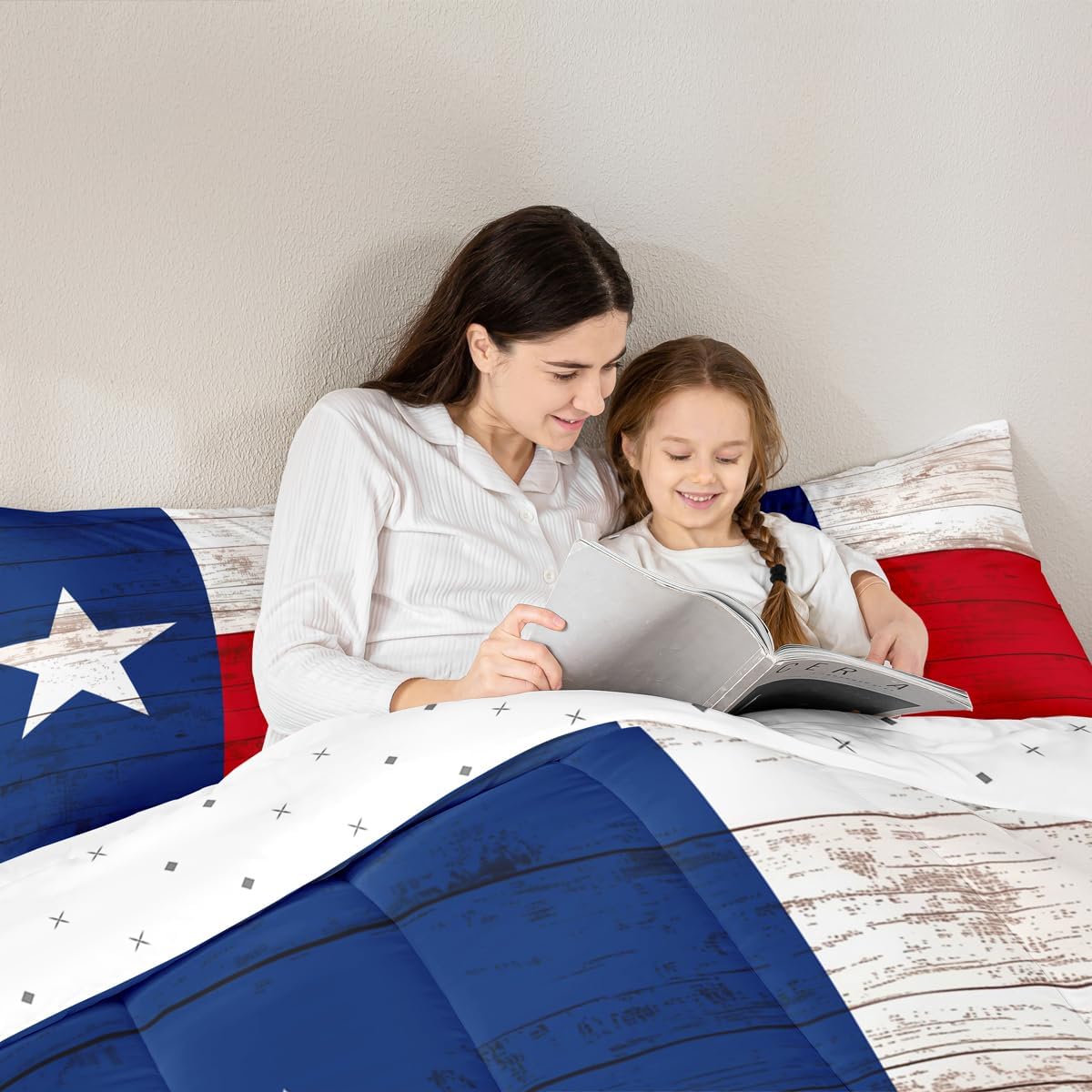Erosebridal Western Texas Star Bedding Set Retro Vintage American Flag Quilt Cowboys Gifts for Women,Patchwork White Red and Blue Queen Comforter Set,Grunge Stars and Stripes Farmhouse Decor