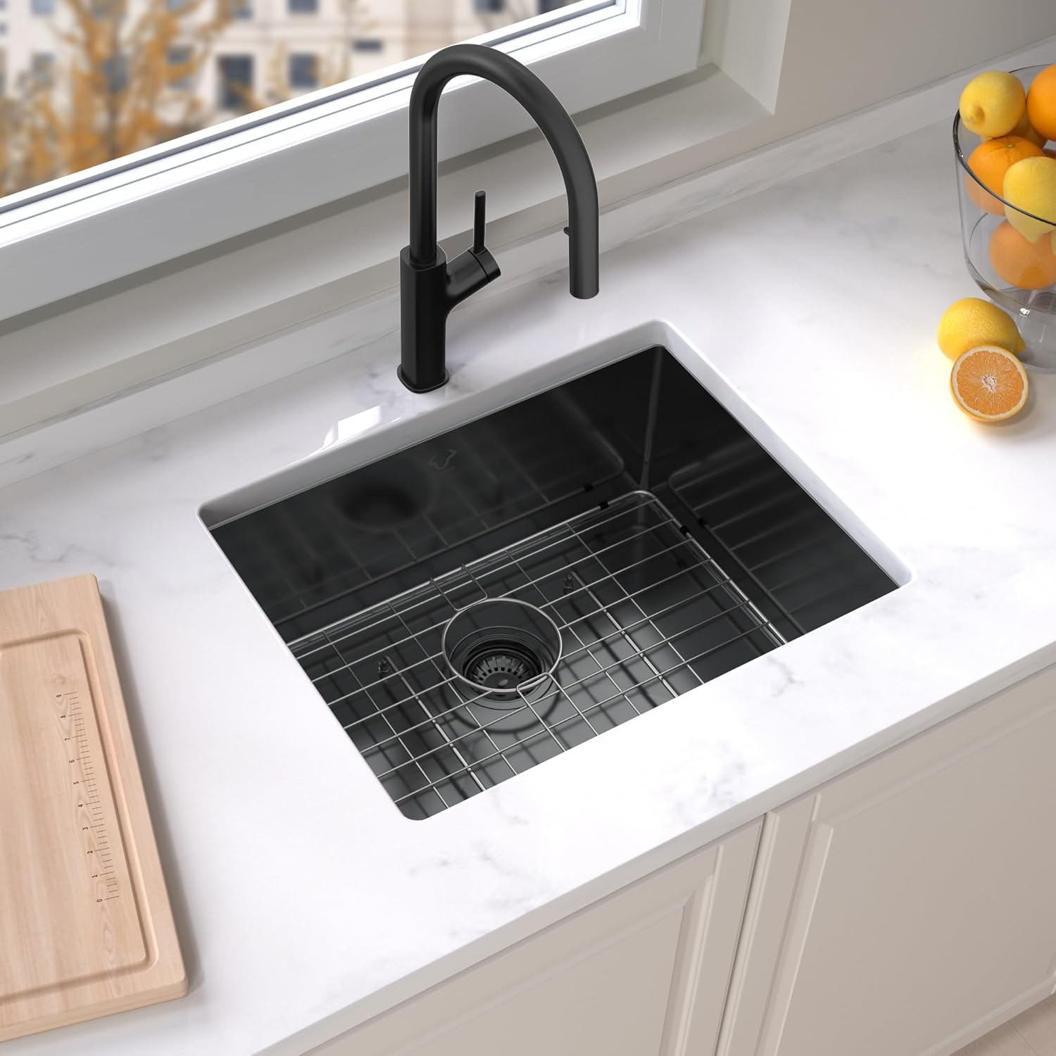 Kitchen Sink 23x18 Inch Undermount Kitchen Sink Gunmetal Black 16 Gauge Stainless Steel Single Bowl with Accessories Round Corners Handmade