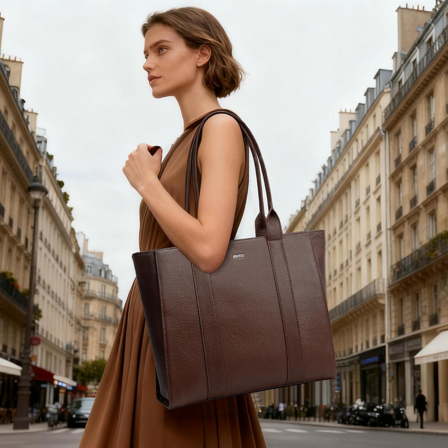 Leather Work Tote for Women, Full-Grain Leather, Structured Business Tote, Padded 15.6” Laptop, Minimalist - Pro Look | Polished First Look, No Slouch, Stands - Image 2