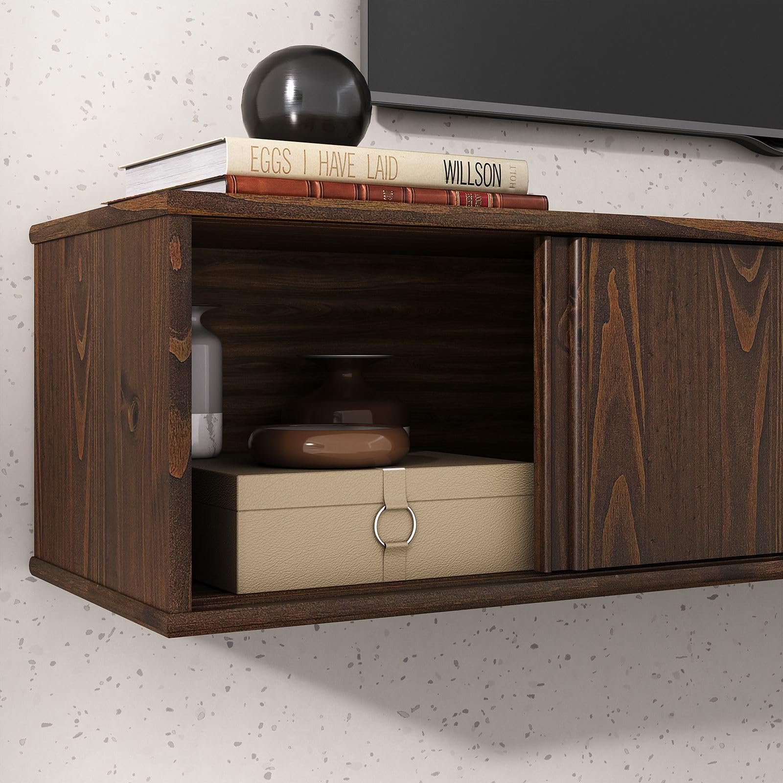 IDIMEX Lowboard Simona 175 cm hängend aus Massivholz, Nussbaum Finish - TV Schrank mit 2 Schiebetüren und Schubladen, Wohnzimmermöbel im Mid Century Style, ideal als TV Board.