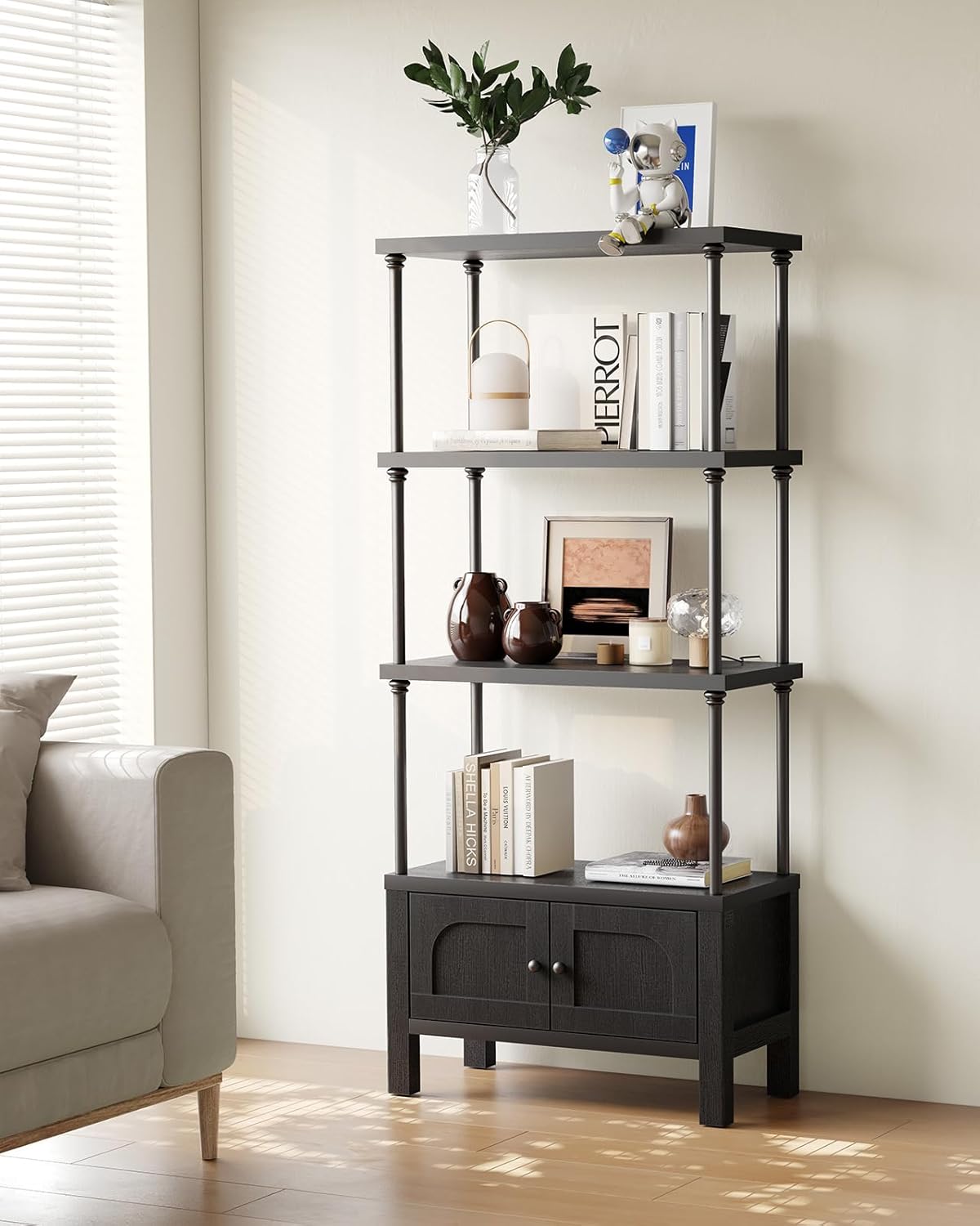 Small Bookshelf with Door 54 Inches Wood Bookcase Black Book Shelf with Storage Cabinet Heavy-Duty Shelving Board Aesthetic Display Shelving Unit for Living Room/Office