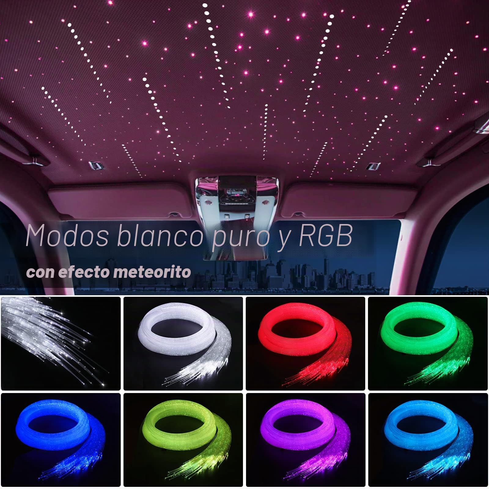 Meteor 16W fibra óptica led, luces de fibra óptica con modo Bluetooth/Remoto/Música, Cable de fibra 450pcs*0.75mm*3m+kit de estrella fugaz para techo de coche