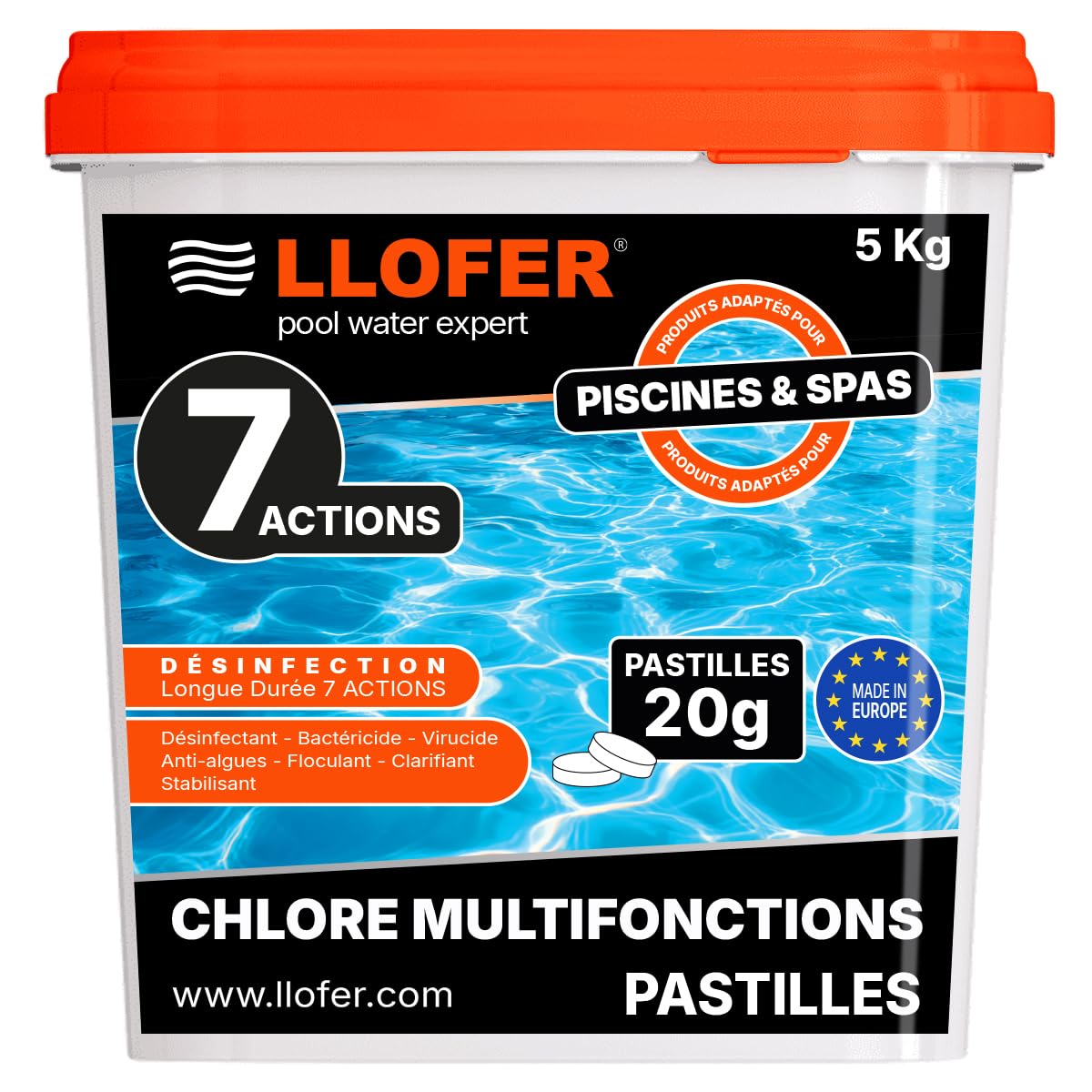 Chlore Multifonction en Pastilles de 20g -5kg- Désinfection Longue Durée 7 Actions,Haute Teneur en Chlore (92%), Fabriqué en Europe
