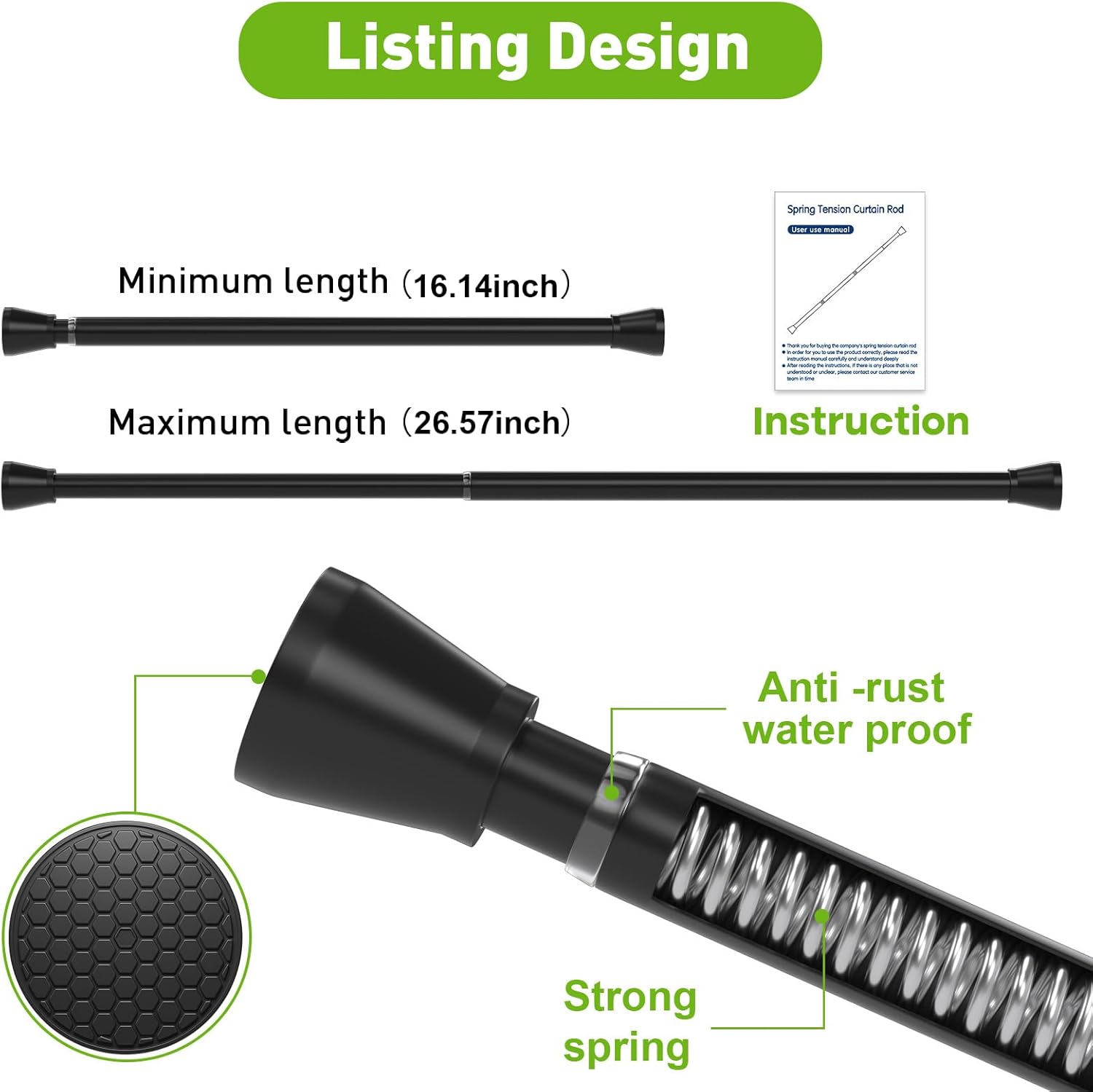 tension curtain rod 2 pack small tension rods 16 to 26 inch black tension rod adjustable curtain rod no drilling spring tension rod expandable pressure tension rods for closet,kitchen 16" to 26"-2pcs black