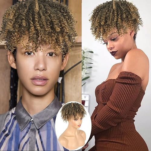 Miniatura 7 de CINHOO Peluca rizada para hombre, pieza de cabello para mujer, cabello con flequillo, extensiones de cabello con clip para mujeres negras, pelucas