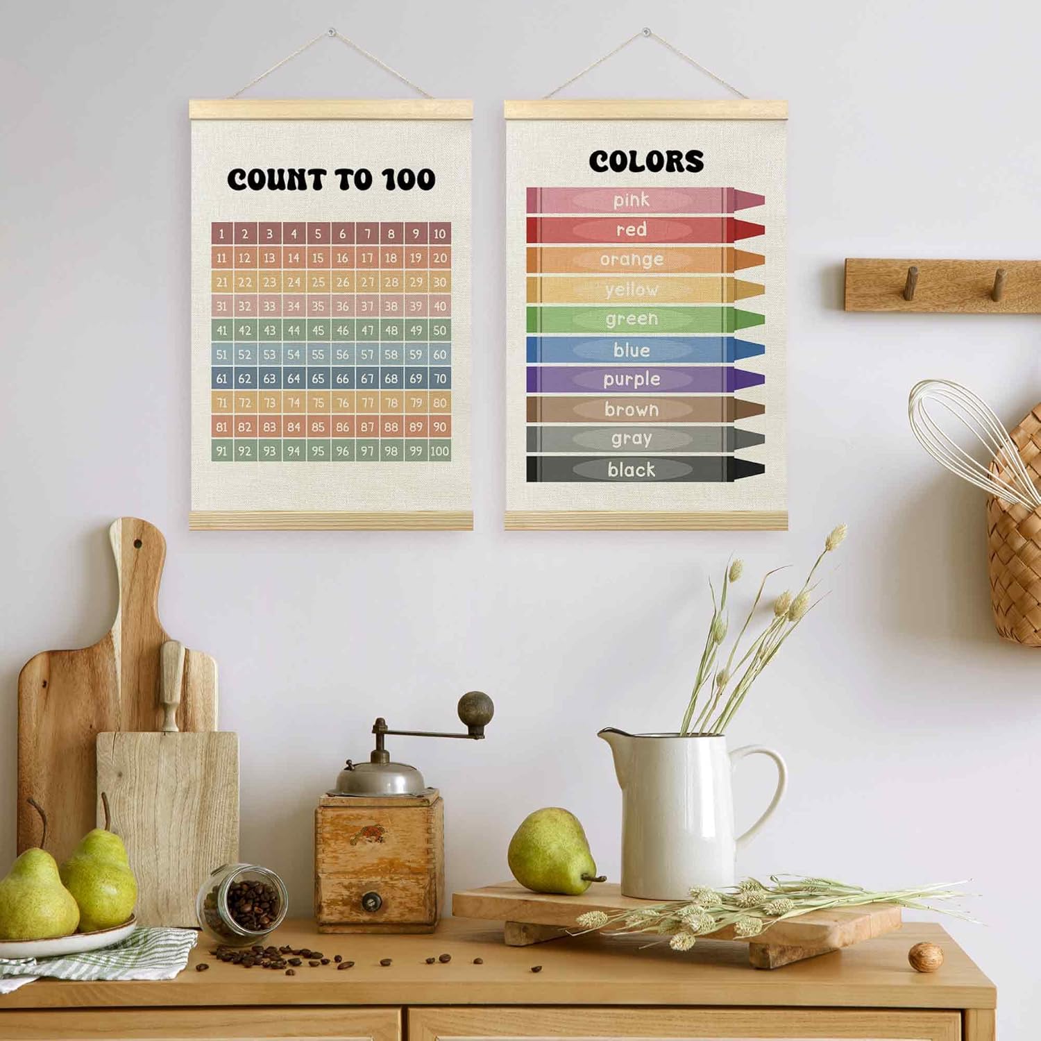 TLESKE 1-100 Numbers Hundreds Colors Chart Poster Hanger Frame for Toddler Kid Classroom Set of 2, Homeschool Hanging Wall Art Decor for Nursery Playroom, Preschool Learning Educational Poster, 16x24