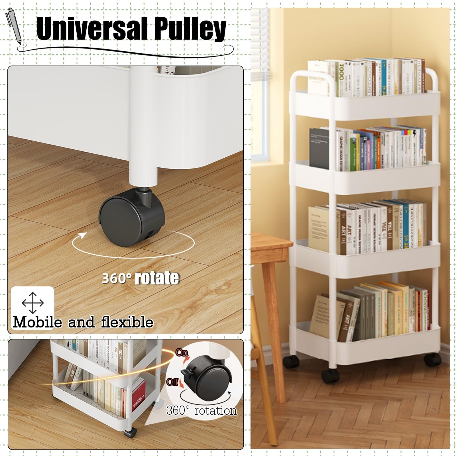Carrello rotante per libreria, carrello multiuso su ruote con ruote bloccabili, carrello per cucina, ufficio, bagno e studio, soluzione versatile per scaffalature