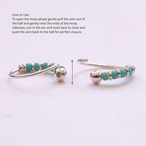 Miniatura 4 de Handmade Silver Pair Small 10MM Cartilgae Helix Piercing Beaded Hoop Earrings, 925 Sterling Silver, Thin 22Gauge Turquoise Color Beads Hoops for