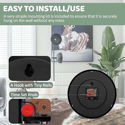 Miniatura 6 de HIPPIH Reloj de pared negro, silencioso, sin tictac, cuarzo de calidad, redondo de 10 pulgadas, fácil de leer, para el hogar, la oficina y la