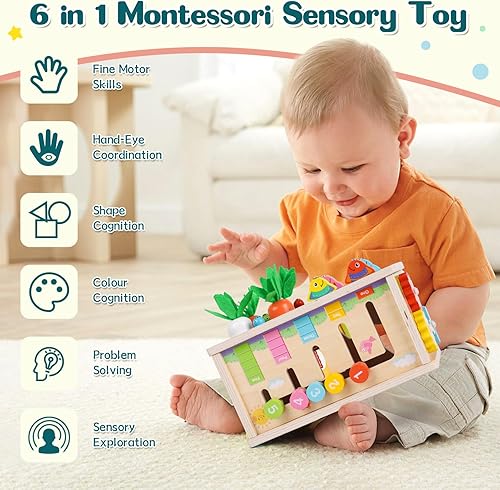 Miniatura 3 de Ancaixin Caja de pañuelos Montessori 6 en 1 para bebés de 6 meses, cubo de actividades de madera, rompecabezas de 12 a 18 meses, regalos perfectos