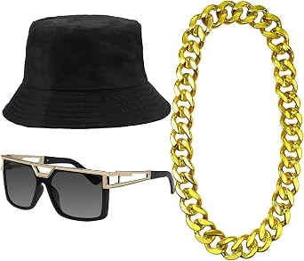 ONUPGO Hip Hop Costume Kit 80s/90s Rapper Accessories Bucket Hat Sunglasses Gold Chain Necklace Outfit for Men Women
