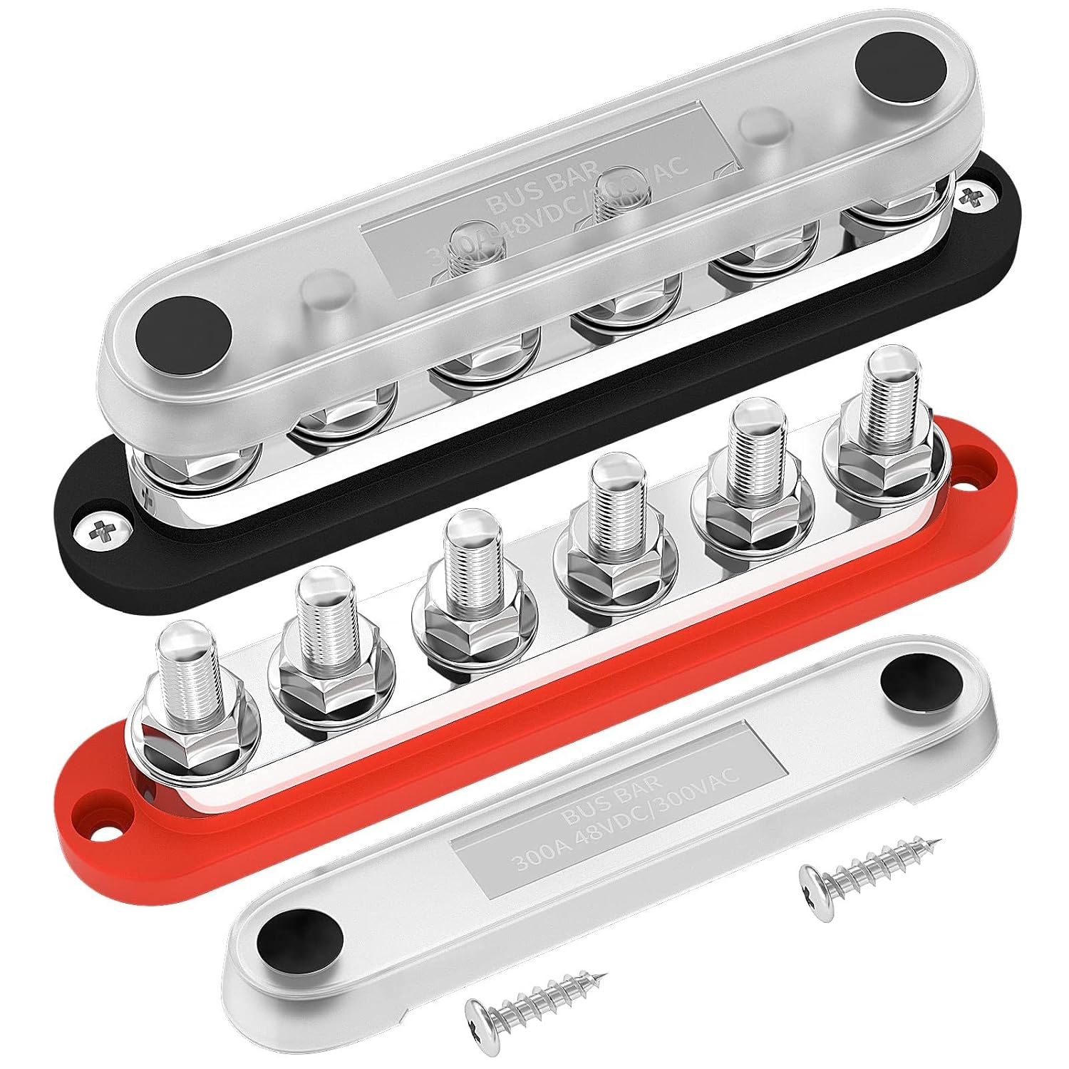 Power Distribution Block 300A 12V Bus Bar 5/16" 6 Post Terminal Block with Cover Max 48V DC/300V AC for Marine Automotive Car Truck Solar Systems (Positive and Ground)