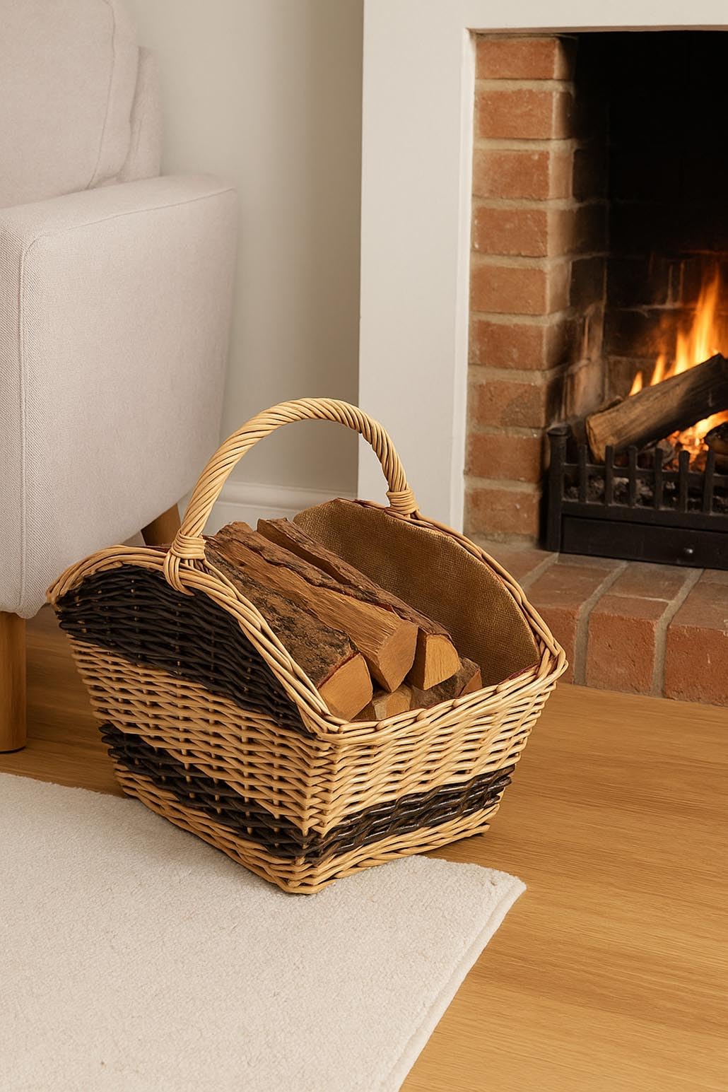 Kobolo Holztrage Holzkorb für Kaminholz Rattan mit Jutestoff und Henkel