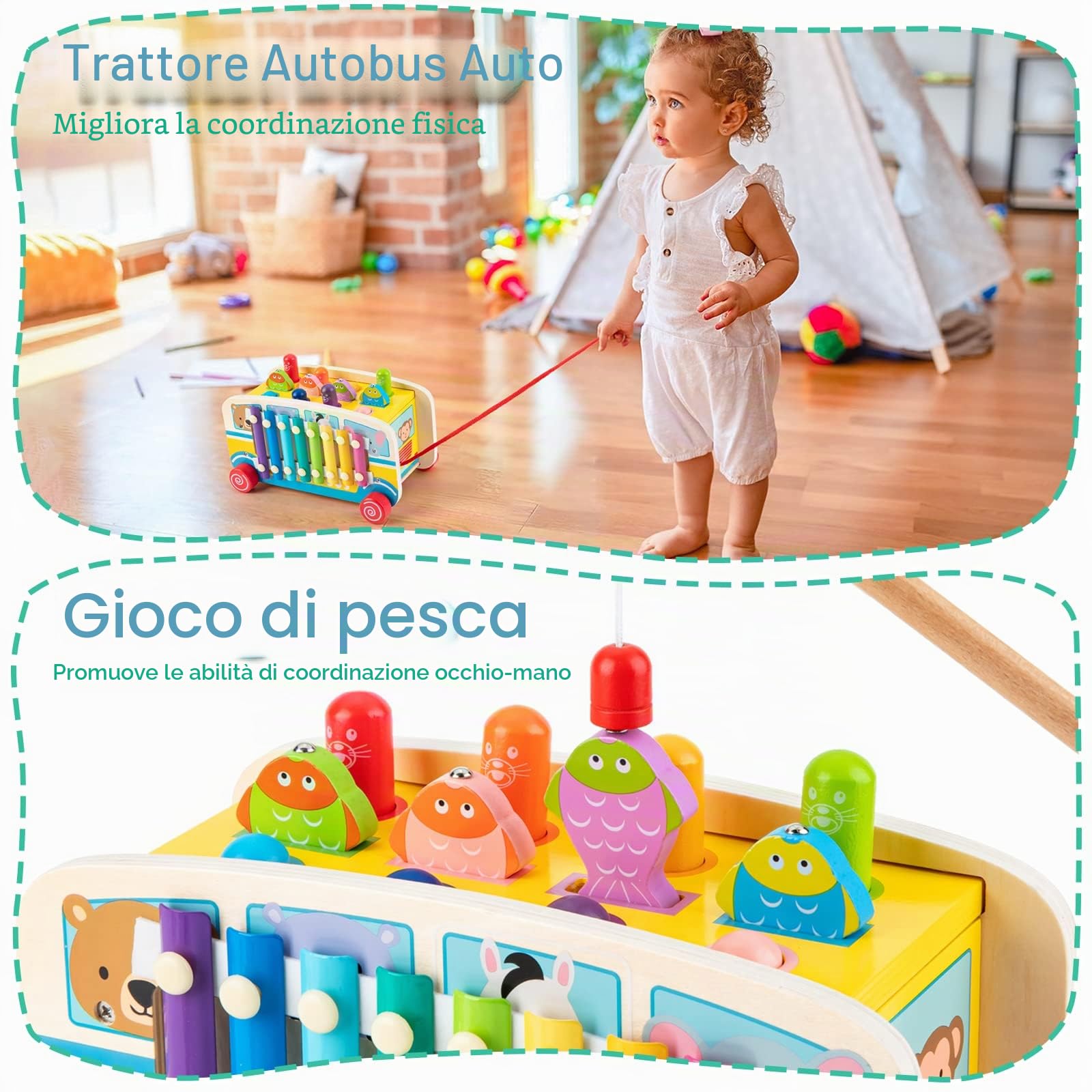 Sundaymot Giochi Montessori 3 Anni, Gioco per Bambini 4 in 1 con Xilofono, Pesca, Whack-a-Mole, Regalo Bambino 3 4 5 6 Anni per Natale, Festa dei Bambini, Compleanno