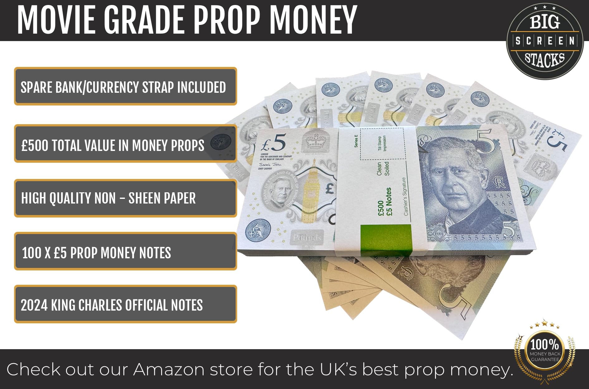 BIG SCREEN STACKS Prop Money UK, 100 Fake £5 King Charles Notes for Film TV & Photography - Image 2