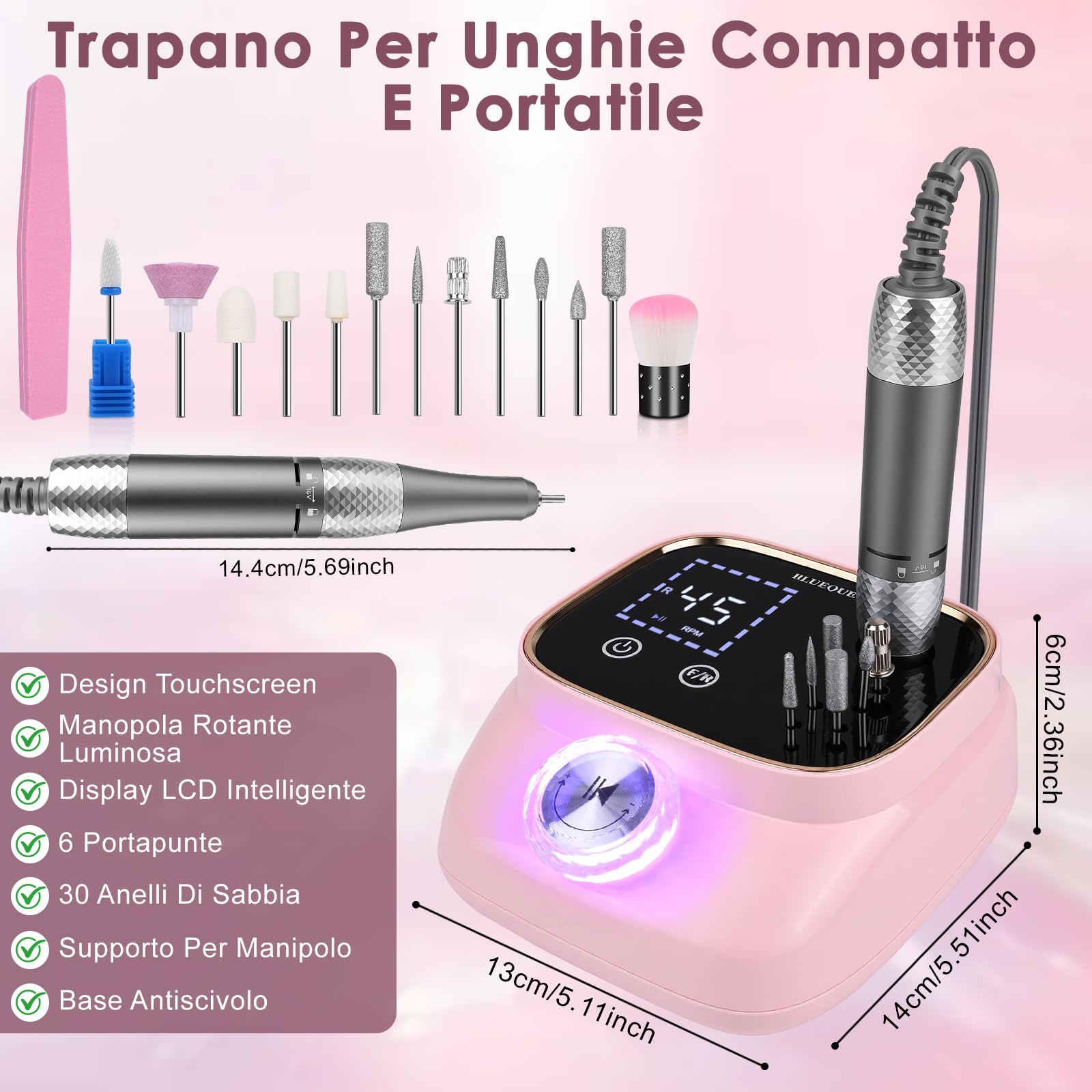 Dreamhigh® Fresa per Unghie Professionale 45000 RPM, Lima Unghie Elettrica, Fresa Unghie, Portable Nail File Kit, Manicure e Pedicure, Trapano Elettrico per Rimozione Gel/Smalto, Rosa