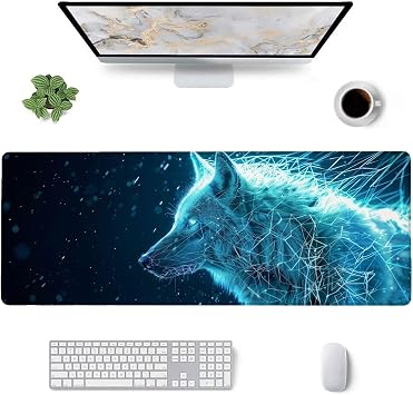 Mouse Pad Large 900x400x3mm Gaming Mouse Pad White Mouse Pad Extra Large Gaming Mouse Pad Thick Non-Slip Mouse Pad Wolf Oversized Keyboard Pad Rubber Bottom Desktop Protector for Office Home W-7