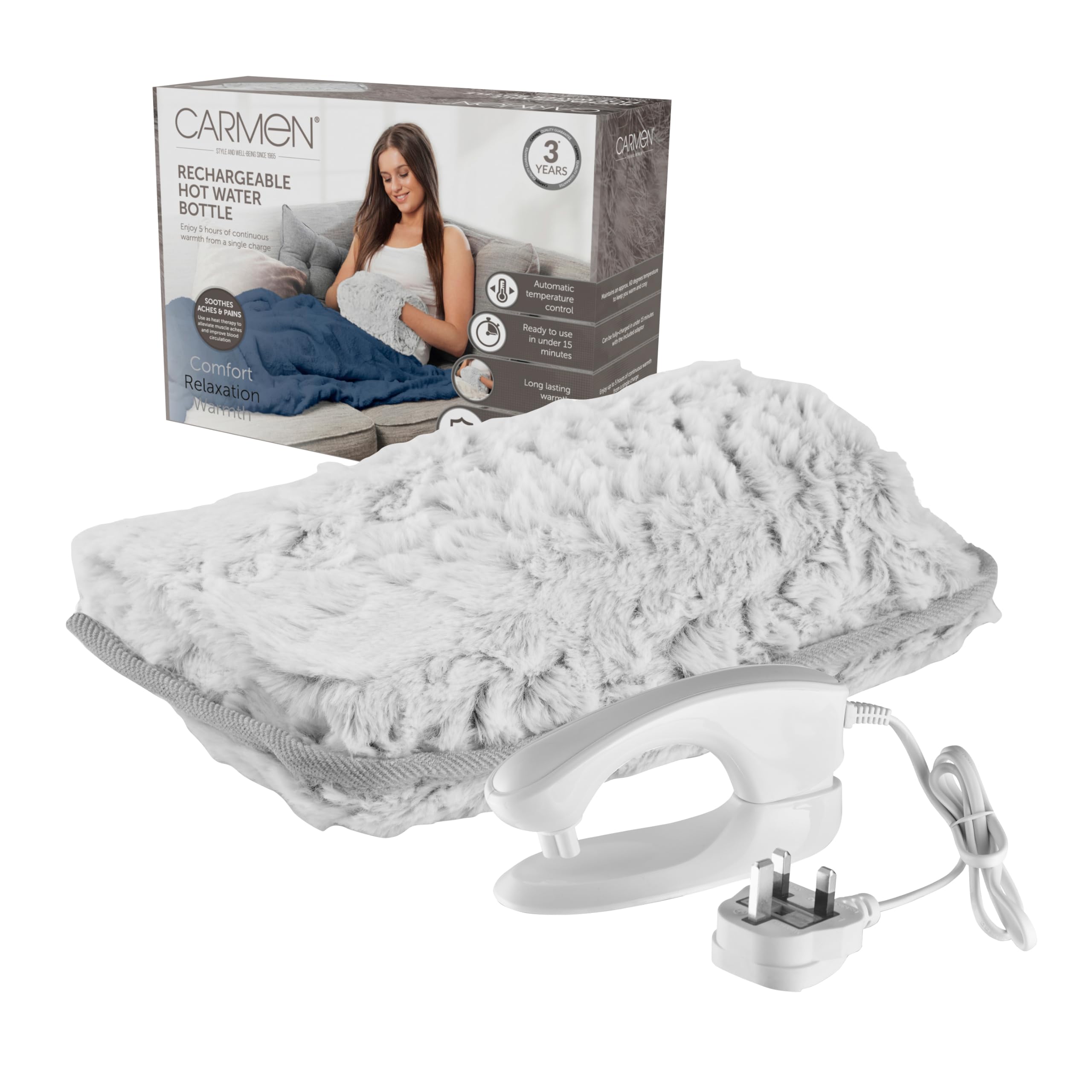 Carmen Rechargeable Hot Water Bottle, Hand Warmer, Automatic Temperature Control, Faux Rabbit Fur – 350gsm, H x 17cm W x 24cm, C85043RBT