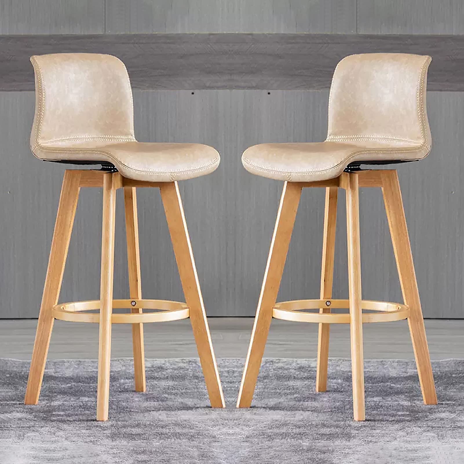 IUokLU Modern Faux Leather Bar Stool Adjustable Swivel Counter Height Bar Stool with Wooden Legs Stylish Bar Stools for Kitchen Island & Breakfast Bar Dining Room Furniture Khaki(Khaki-High:61CM)