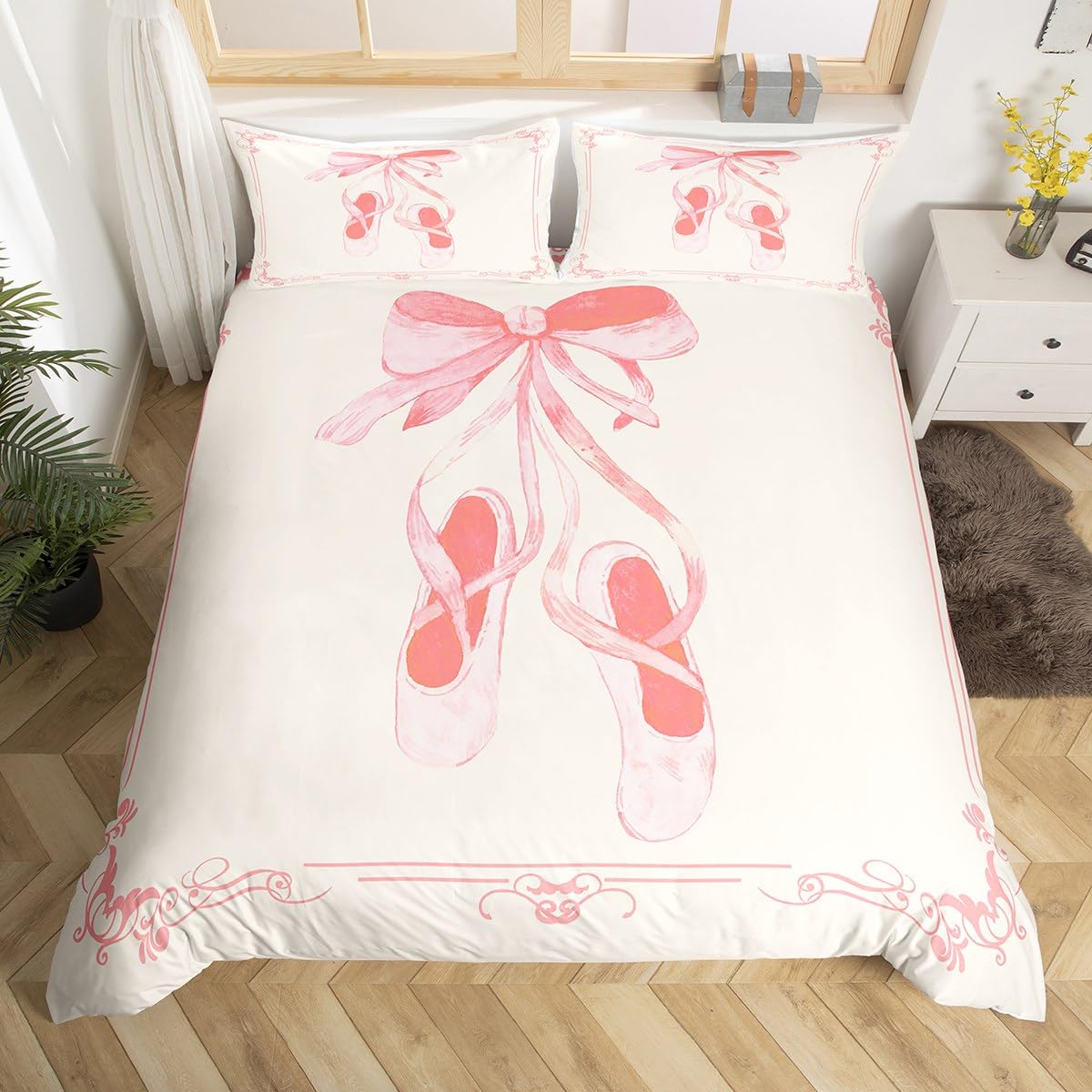 Vintage Coquette Pink Bow Bedding Set King,Aesthetic Preppy Bed Set for Kids Girls,Pink Ballet Shoes Duvet Cover,Nursery Watercolor Girly Quilt Cover with Corner Ties — image 1
