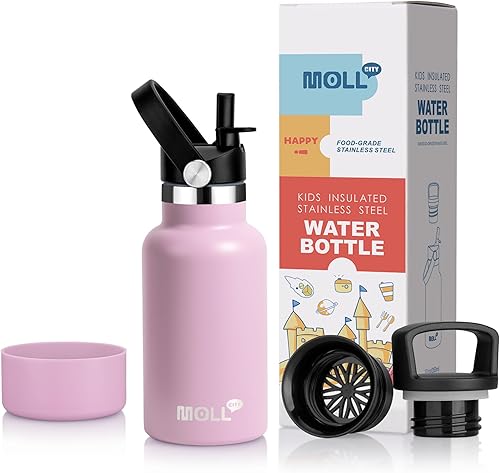 Miniatura 1 de Botella de agua para niños de regreso a la escuela, botella de agua pequeña de acero inoxidable aislada al vacío de 12 onzas con pajita, botella de