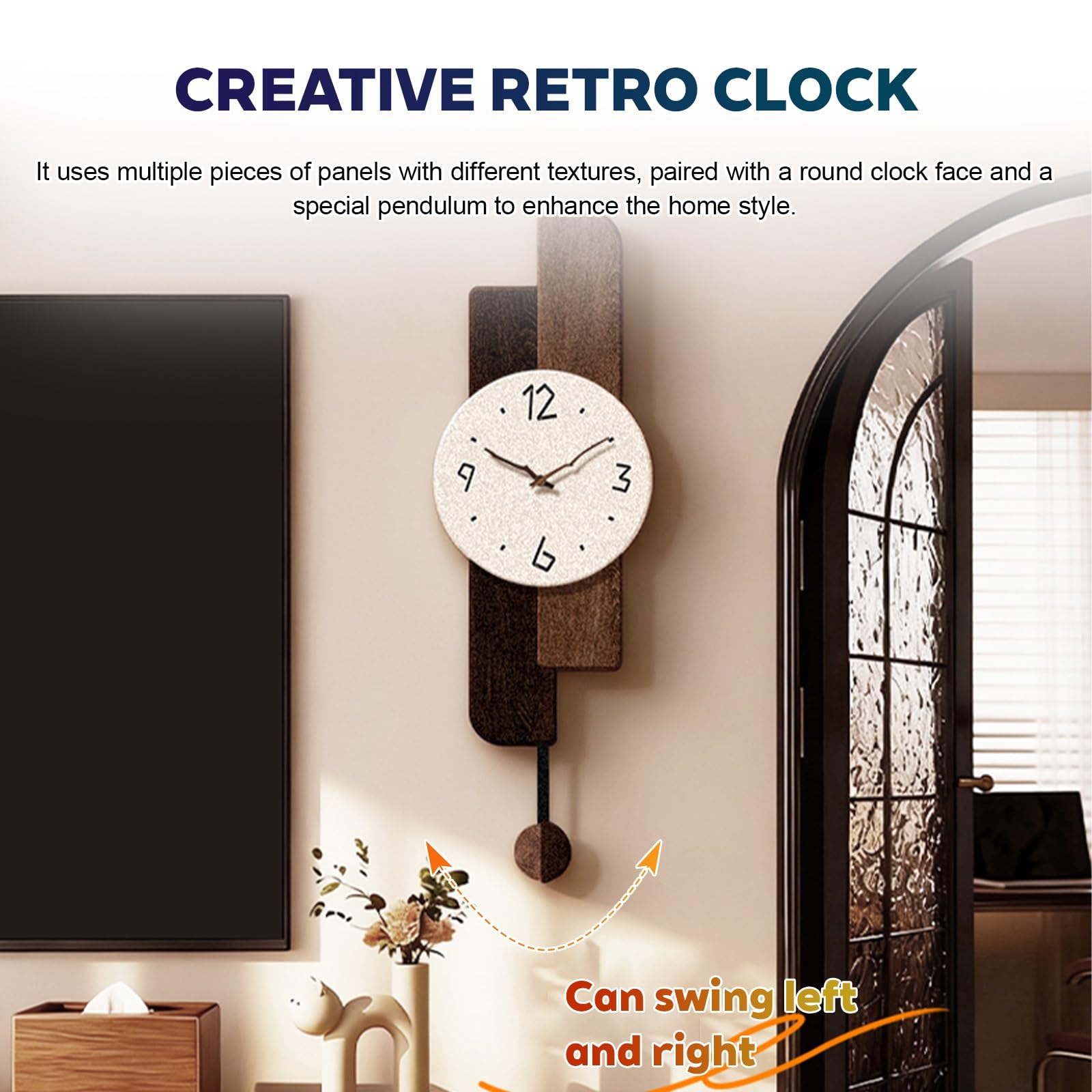 Reloj De Pared Diseño Minimalista Moderno Movimiento Cuarzo Silencioso Sin Tic-TAC, Estilo con Péndulo, Acabado En Arenisca Y Manecillas De Madera, para Hogar, Salón, Dormitorio Y Oficina