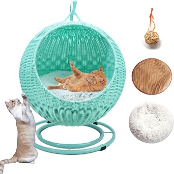 Raised Wicker Cat Bed for Indoor Cats, Handmade Swinging Pet Bed House Nest, Cat Egg Chair Swinging Elevated Cat Bed House Nest with Soft Cushion & Hanging ToyGreen